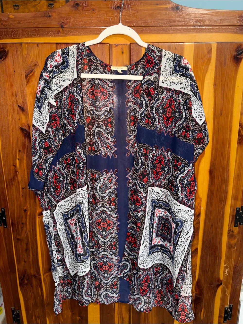 Maurices Navy Paisley Open-Front Kimono with Red & White Accents